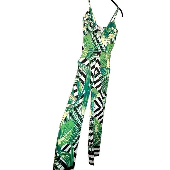 Soho Chic Floral Sleeveless Wide Leg Pockets One Piece Green Black Jumpsuit Smal - Picture 2 of 6